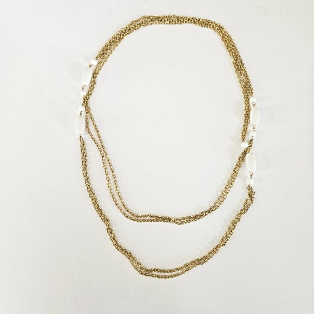 Vintage Gold Tone Long 50" Multi-Strand Chain White Lucite Beaded Wrap Necklace